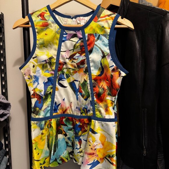 Parker Sleeveless Silk Peplum Blouse | Vibrant Multi-Color | Size Large | GUC - Picture 2 of 7